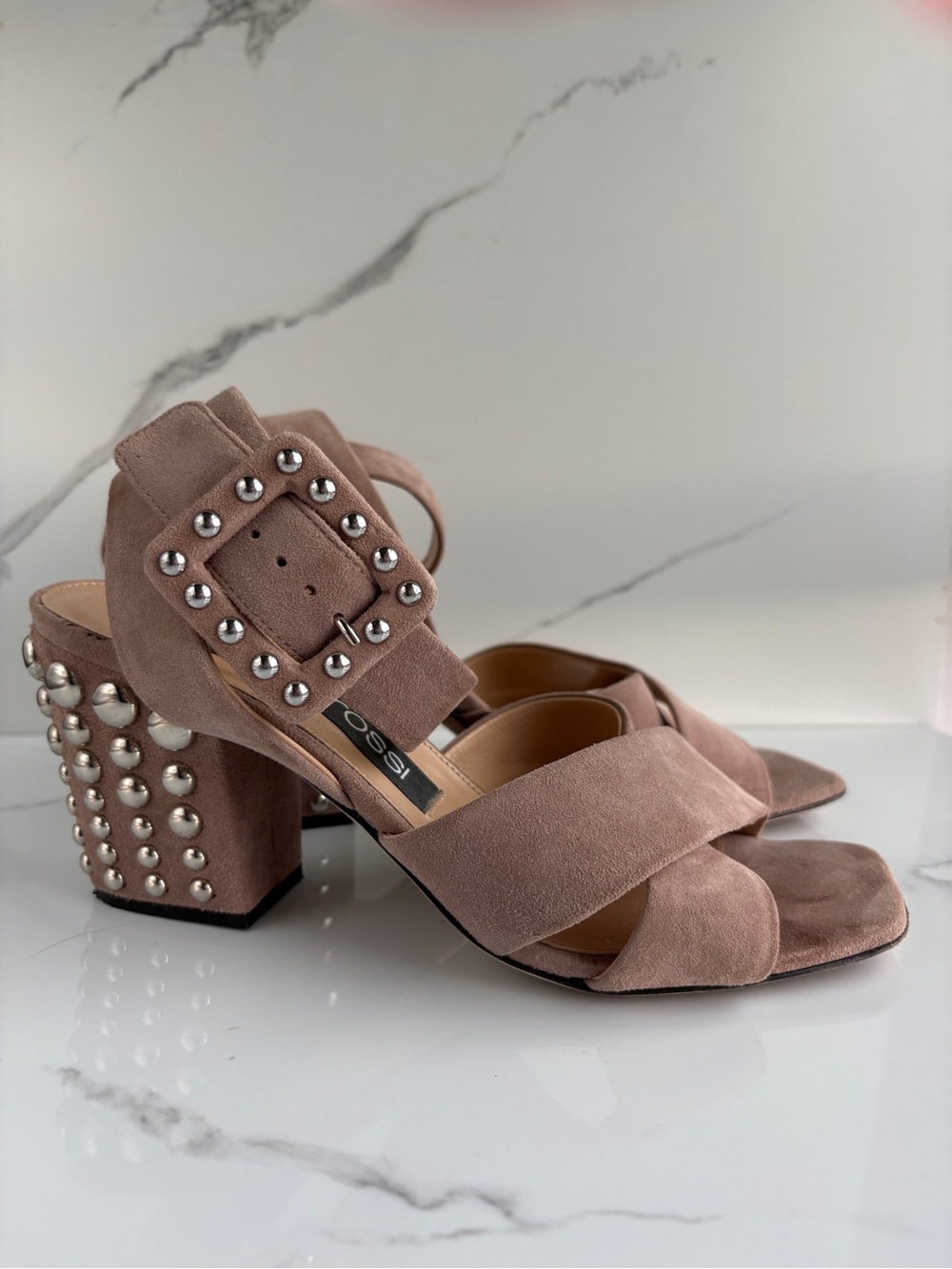 Sergio Rossi sz 7 Elettra Studded Blush Suede Block Heel Sandals ankle wrap